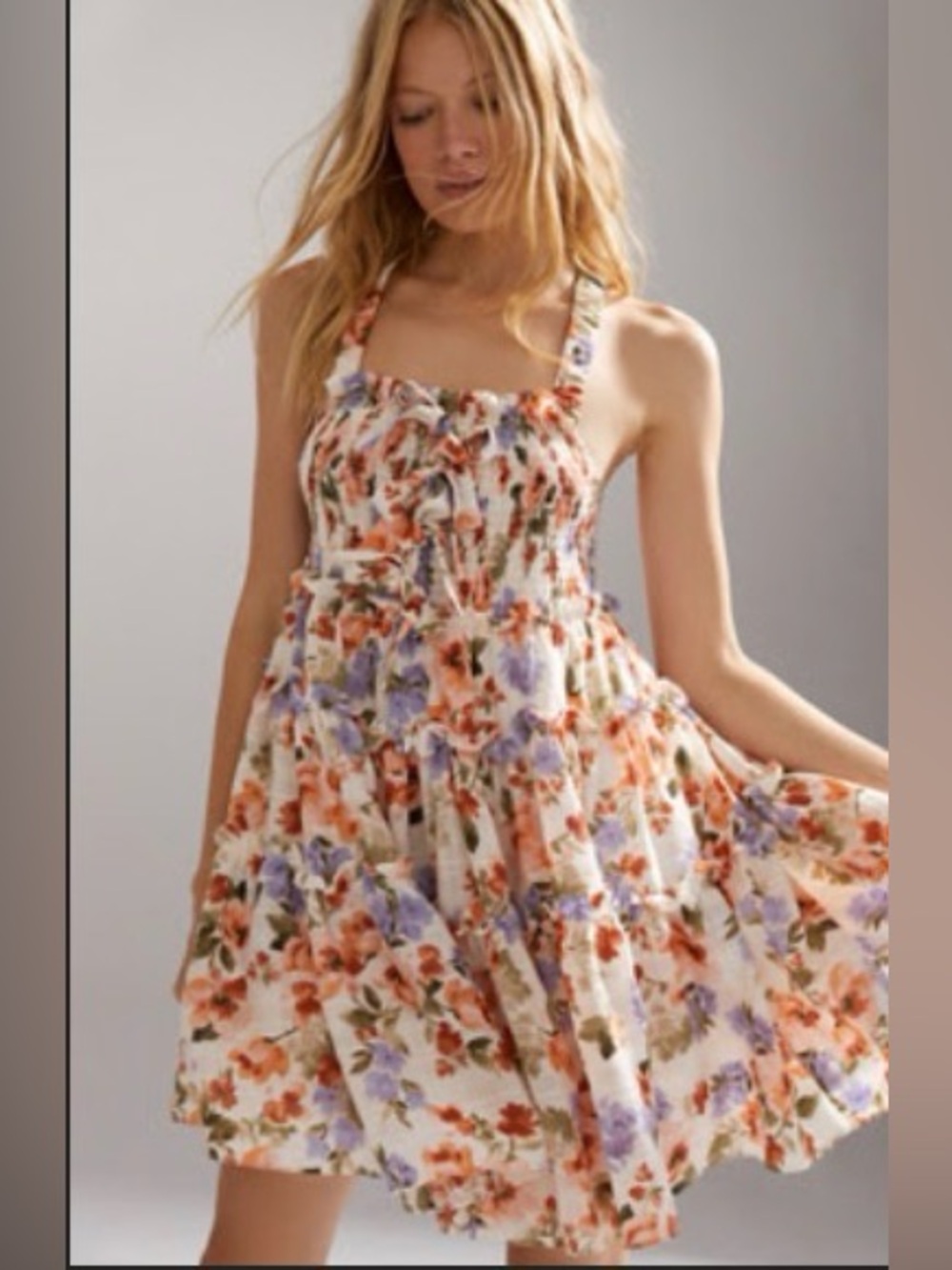 Anthropologie x En Saison Floral Tiered Sundress in Cream, Orange & Purple S